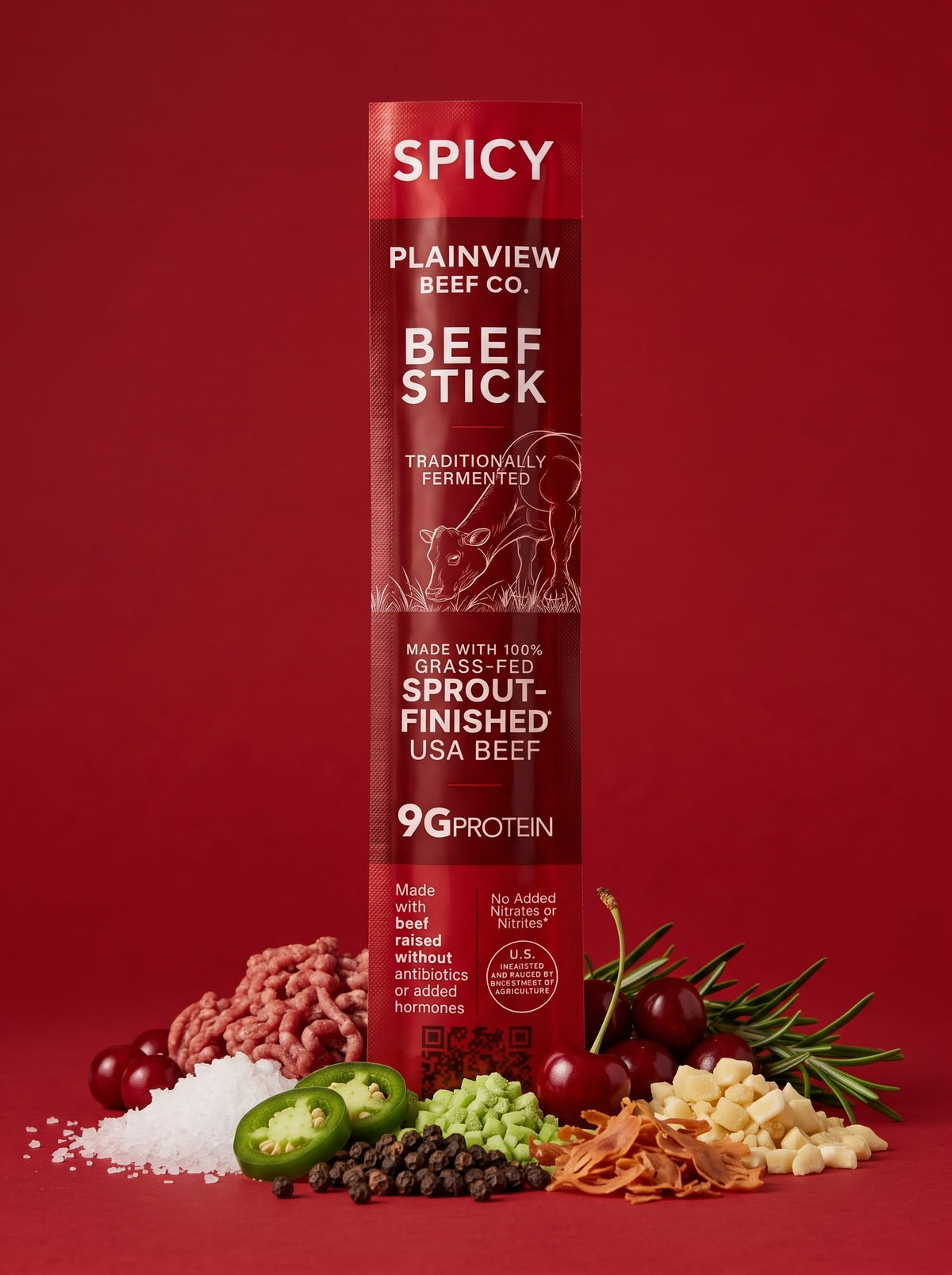 Spicy beef stick package with red label, beef stick pieces, 9g protein