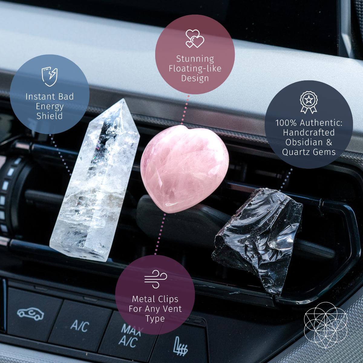 Car dashboard crystal set with rose quartz heart, clear point, and black obsidian pieces