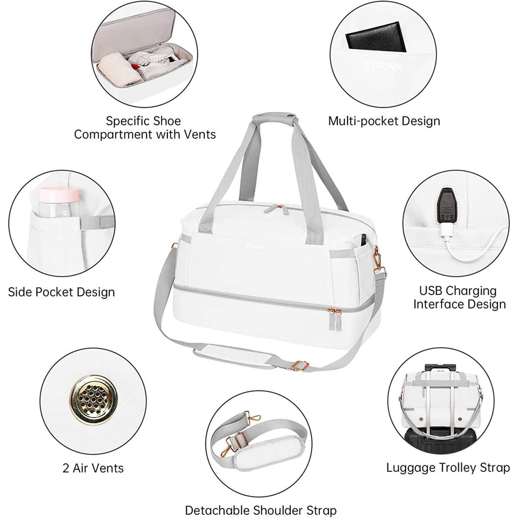 White duffel bag with ventilated shoe compartment, side pockets, and detachable shoulder strap