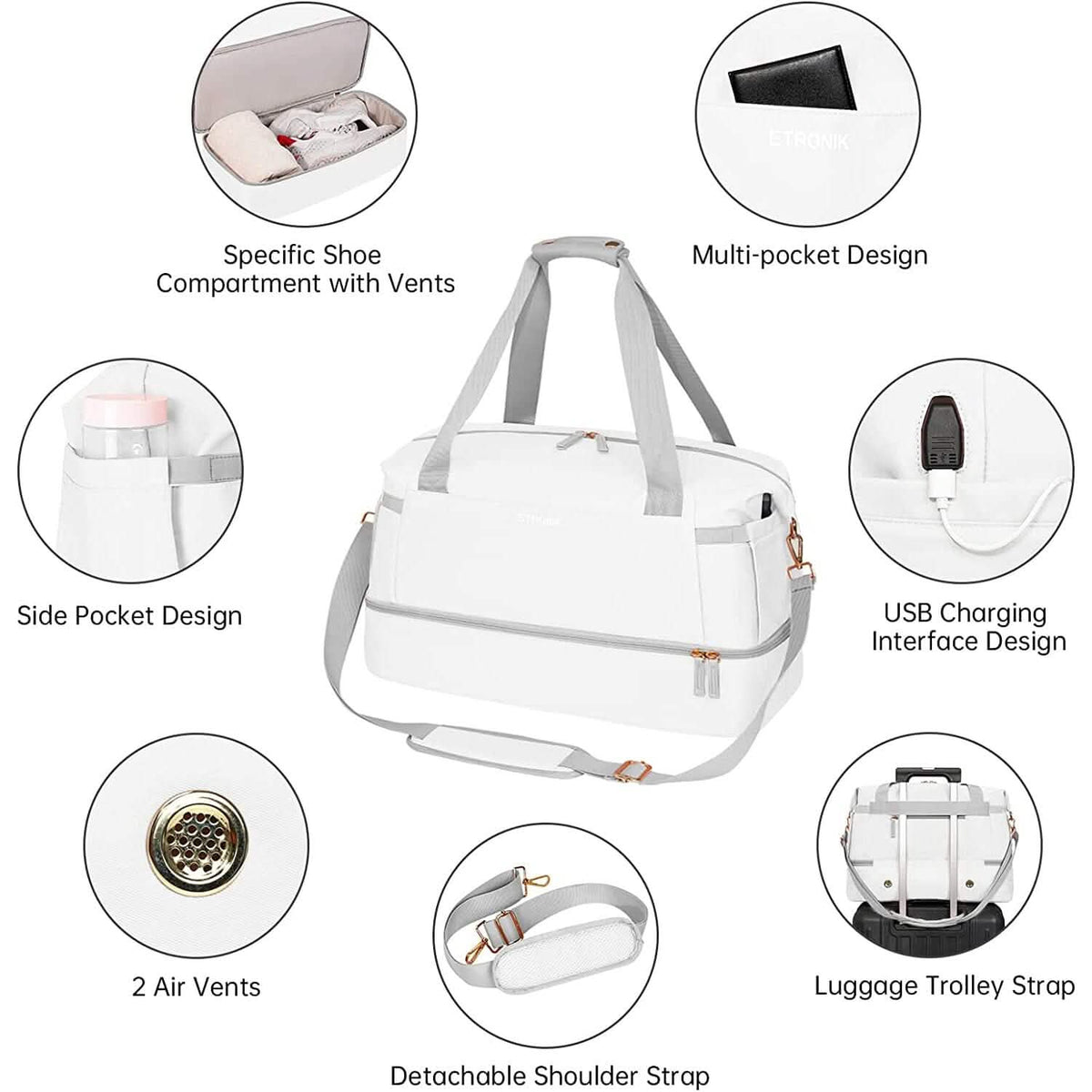 White duffel bag with ventilated shoe compartment, side pockets, and detachable shoulder strap