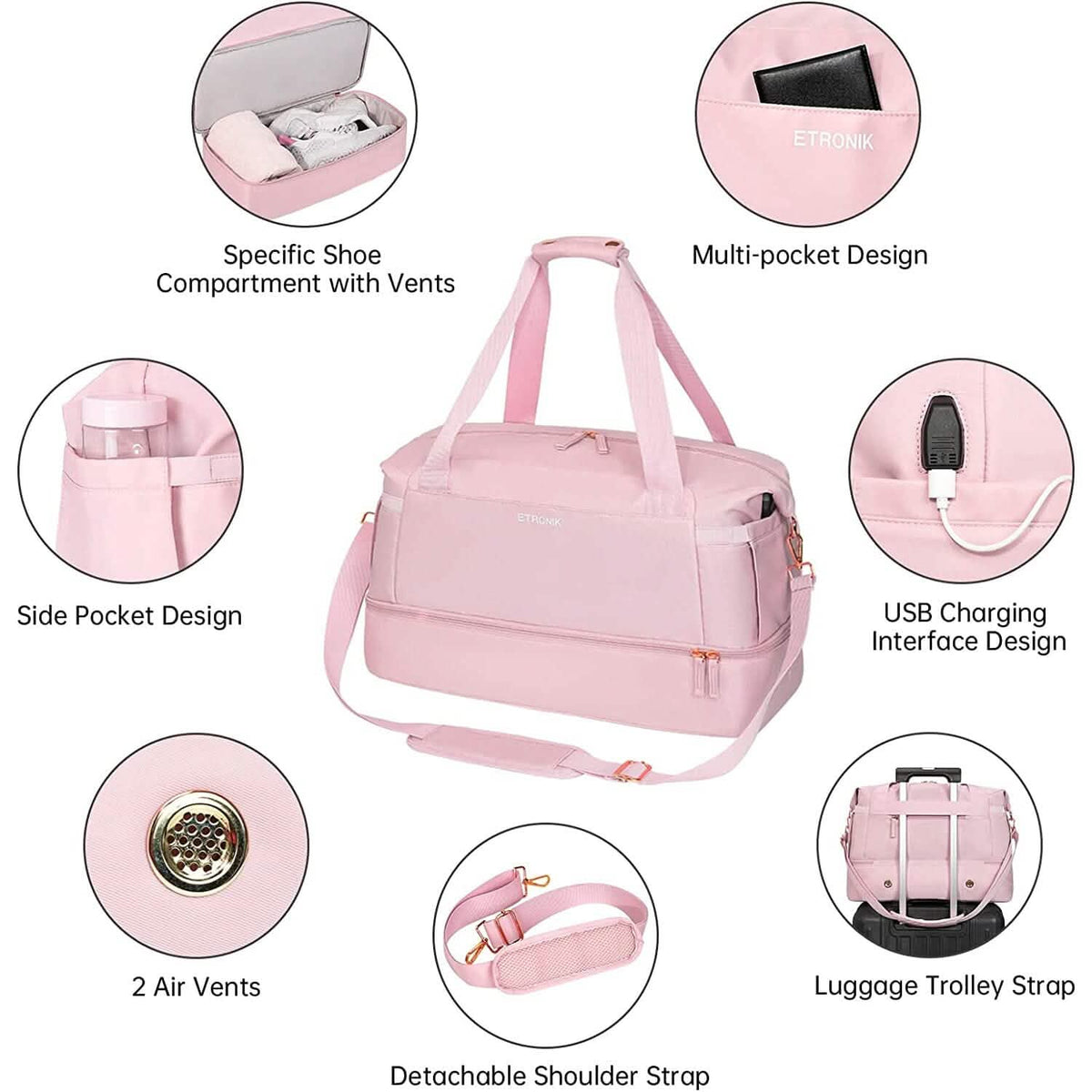 Pink gym duffel bag with side pocket, shoe vent compartment, and luggage trolley strap
