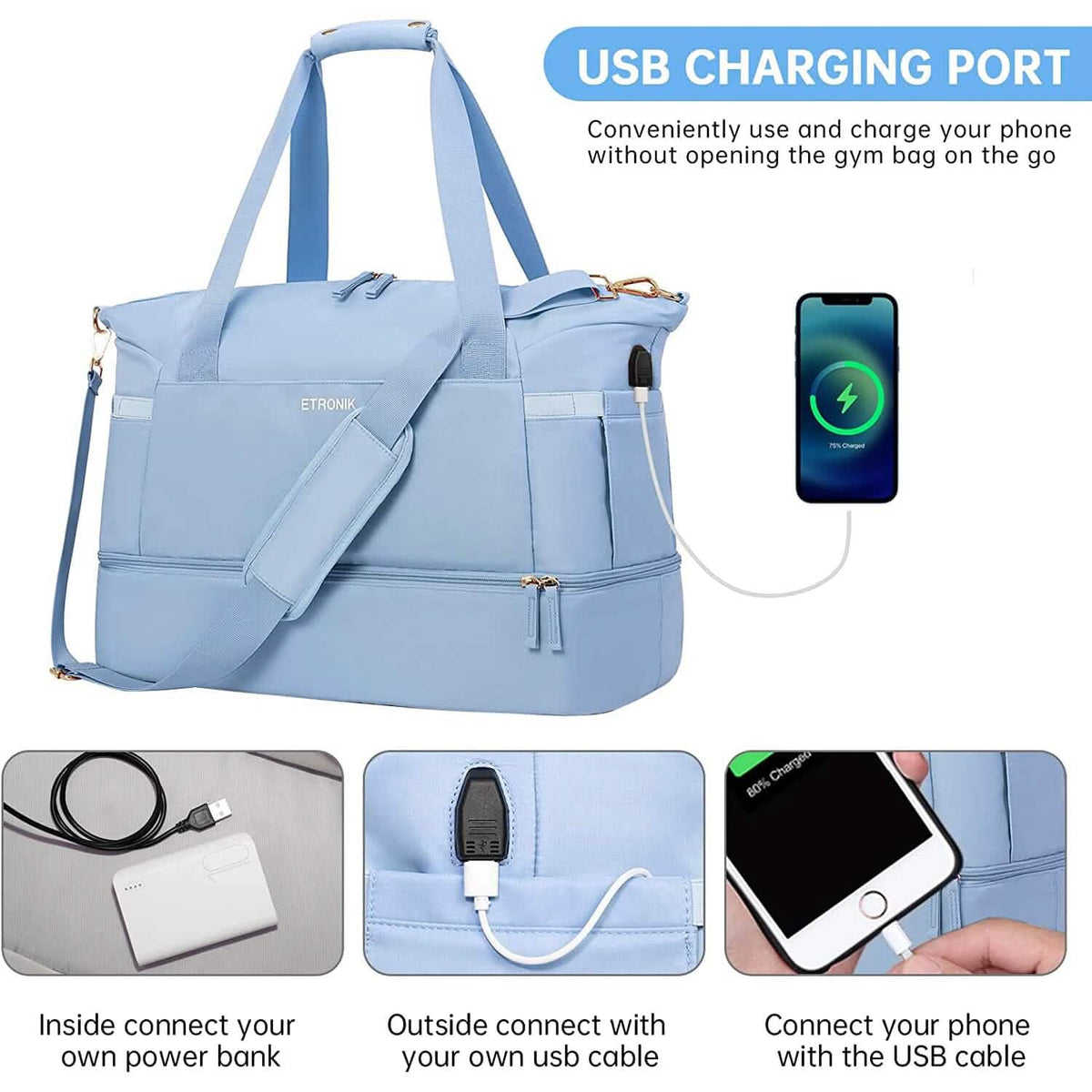 Light blue sports travel duffel bag with USB charging port and side pocket