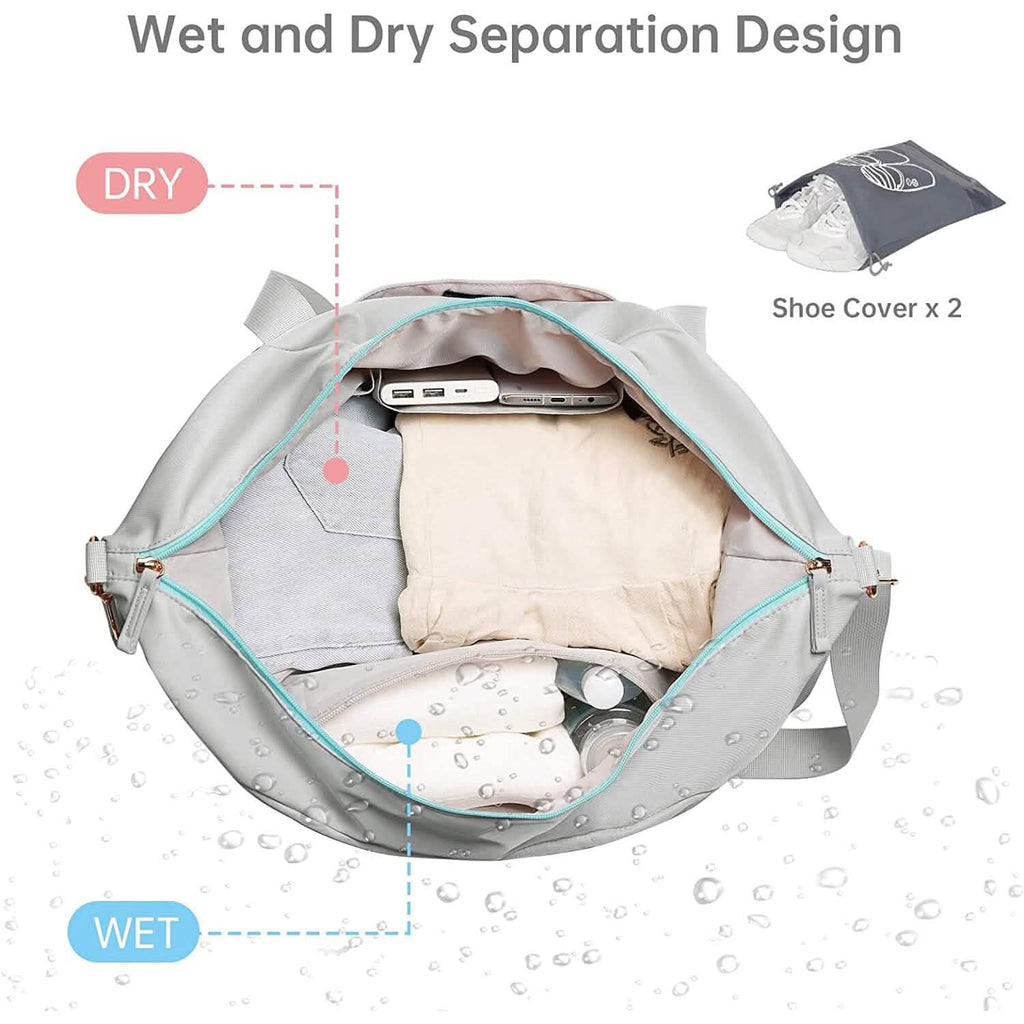Gray sports travel duffel bag, open interior with dry-wet separation pocket