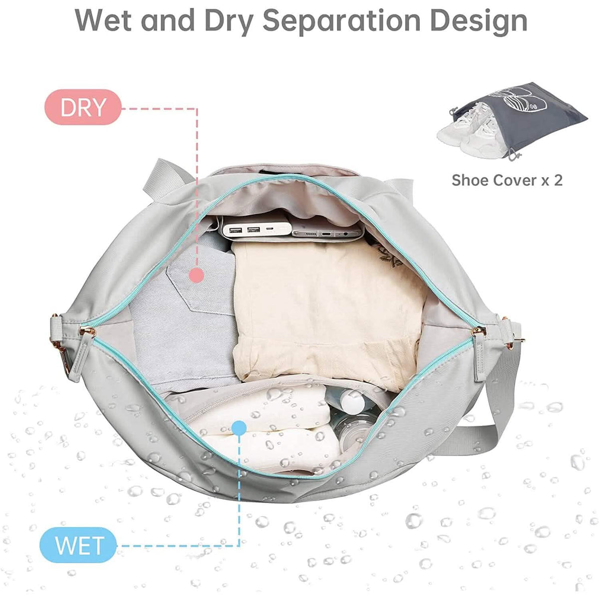 Gray sports travel duffel bag, open interior with dry-wet separation pocket