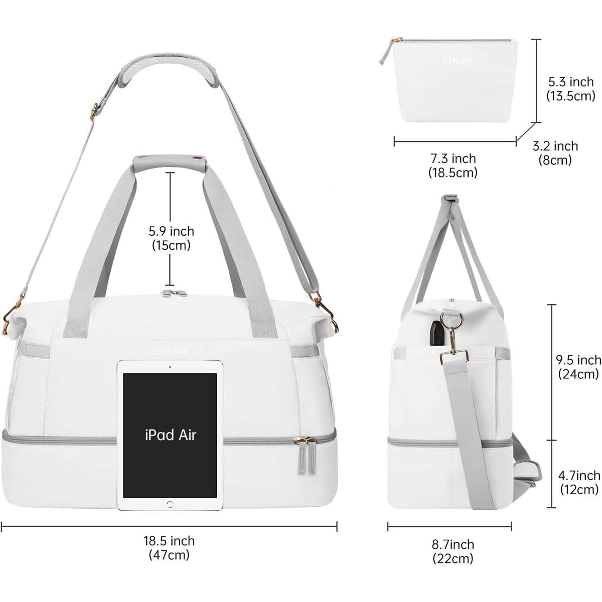 White duffel bag with front panel pocket and matching zip pouch; handles and adjustable strap