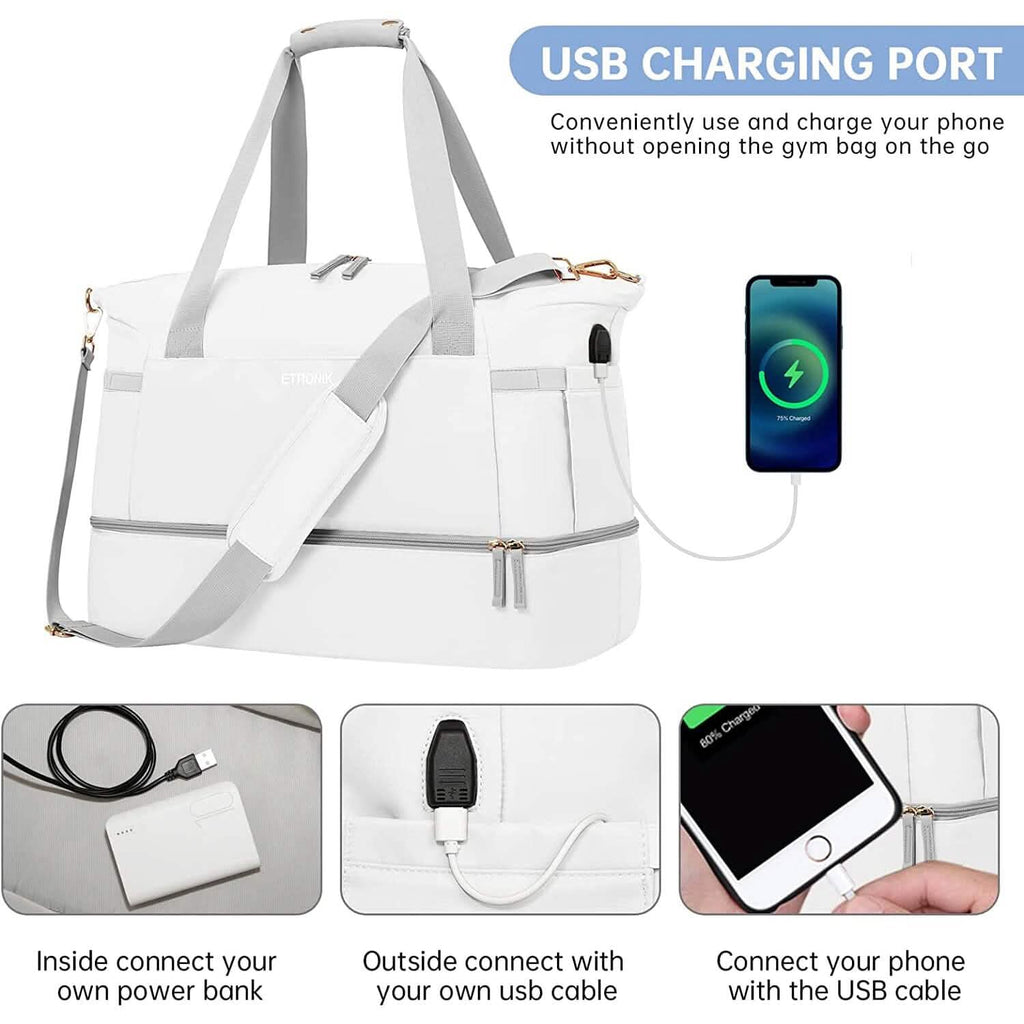 White duffel bag with USB charging port and built-in charging cable
