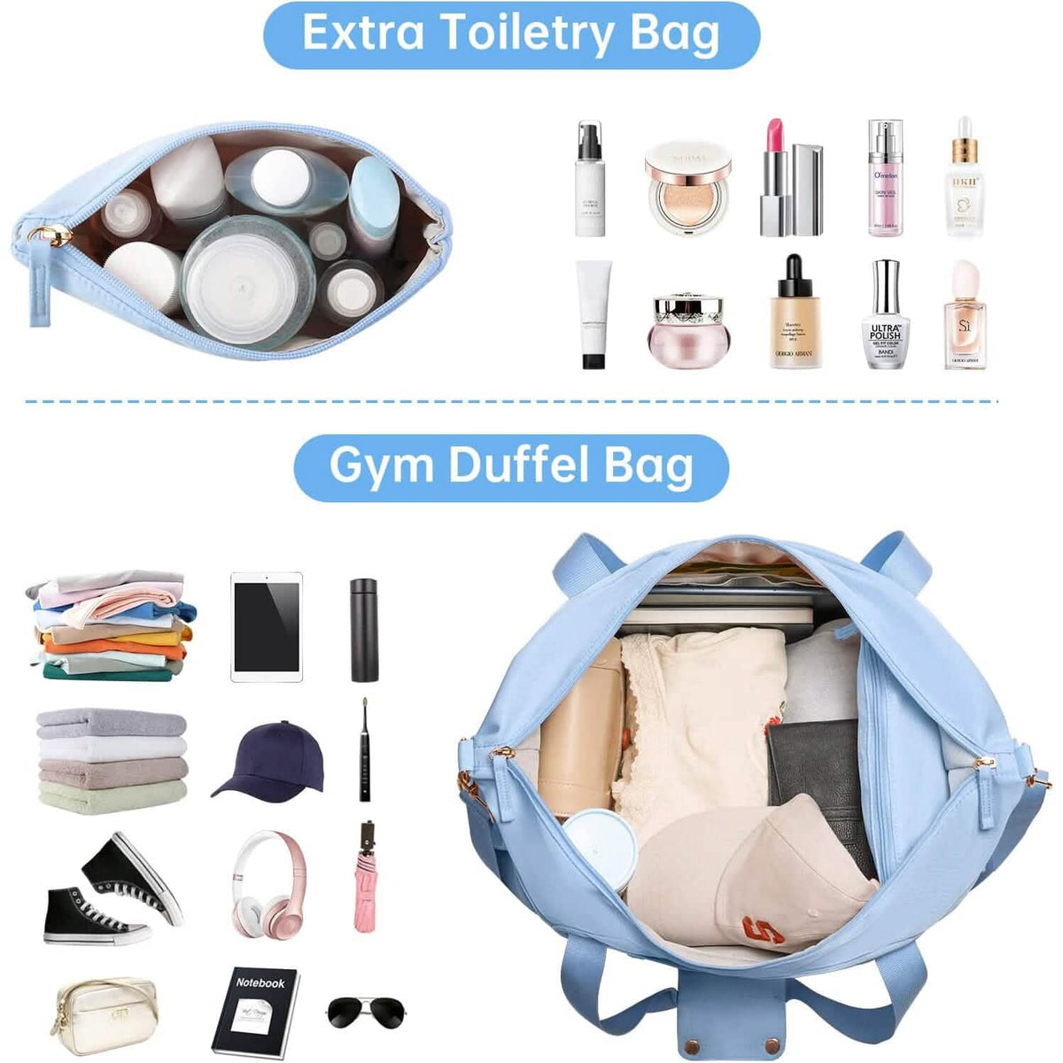 Light blue duffel bag open with extra toiletry bag and interior storage