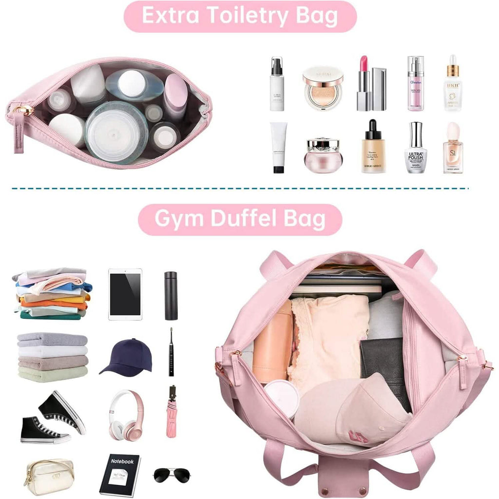 Pink gym duffel bag with open interior and toiletry bag organizer