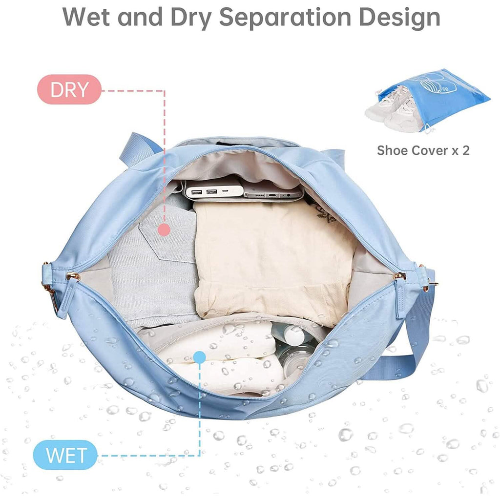 Light blue duffel bag open with wet and dry separation compartments