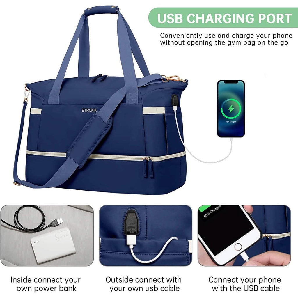 Dark blue sports travel duffel bag with USB charging port and matching zip accessory pouch