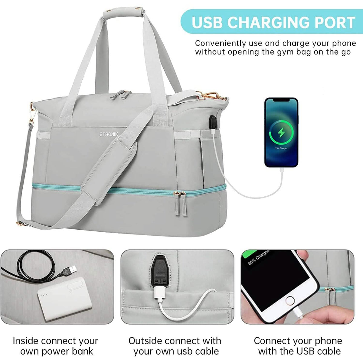Light gray sports travel duffel bag with USB charging port and zip accessory pouch
