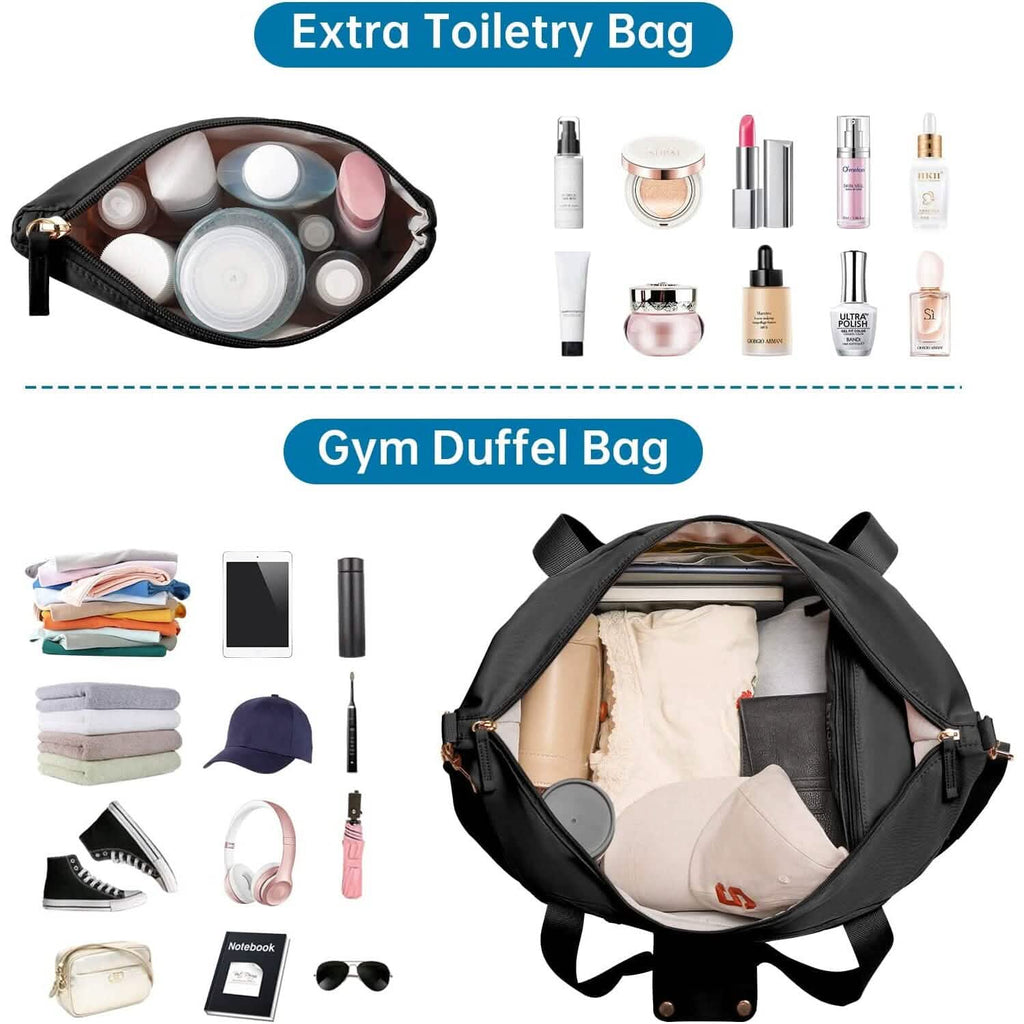 Black duffel bag with extra toiletry bag compartment and organizer items