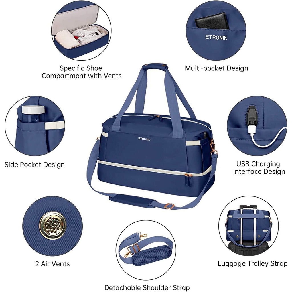 Navy sports travel duffel bag features: multi-pocket layout, vents, and USB charging interface