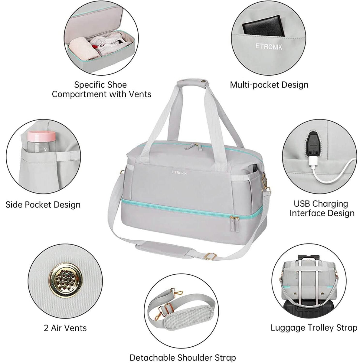 Gray gym duffel bag with side pocket, shoe vent compartment, and USB charging interface