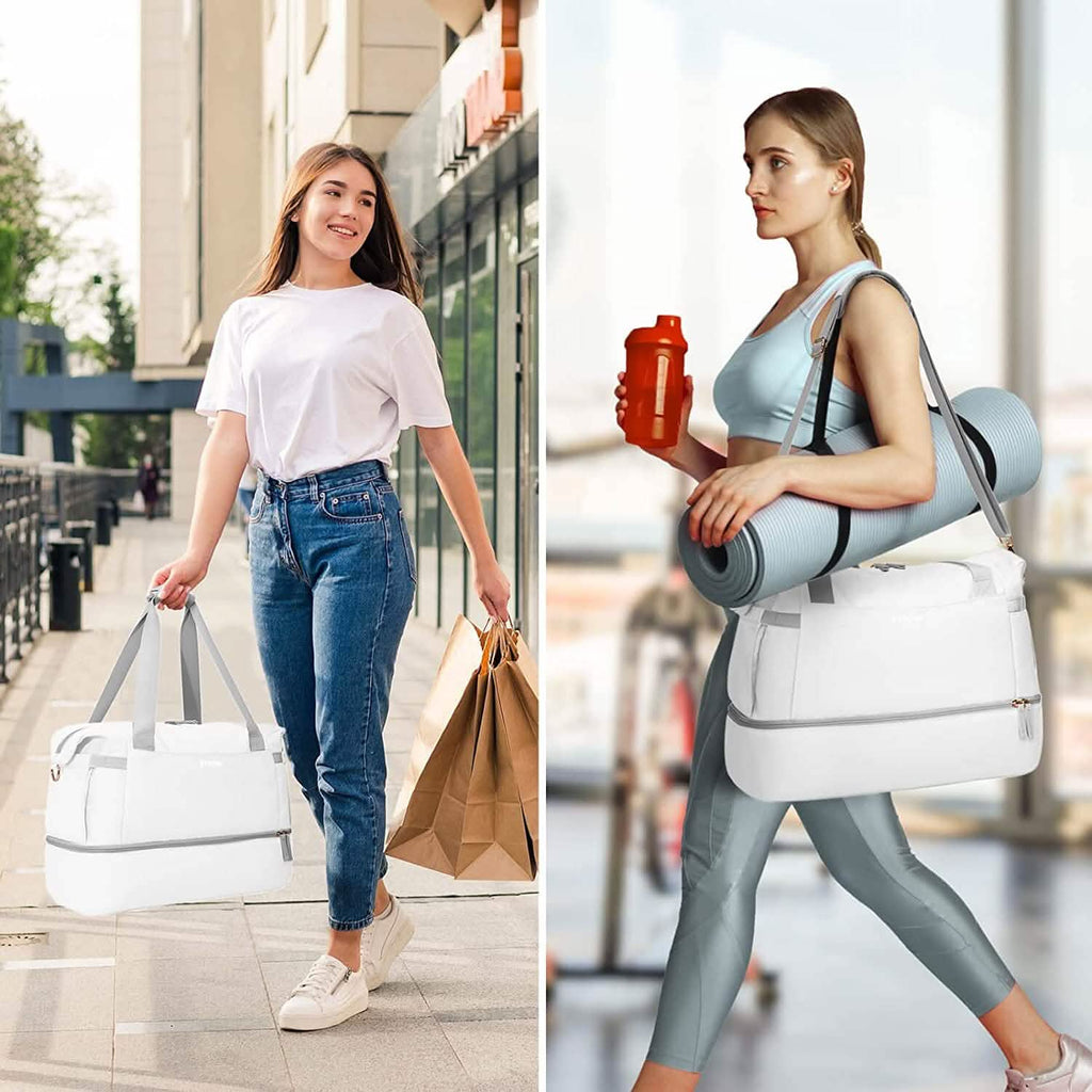 White duffel bag with detachable shoulder strap, carried by a person outdoors
