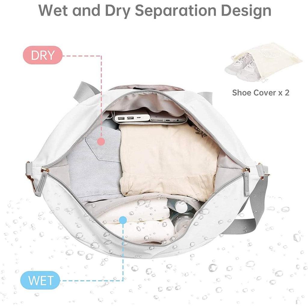 White duffel bag with wet and dry separation interior compartments and inner pockets
