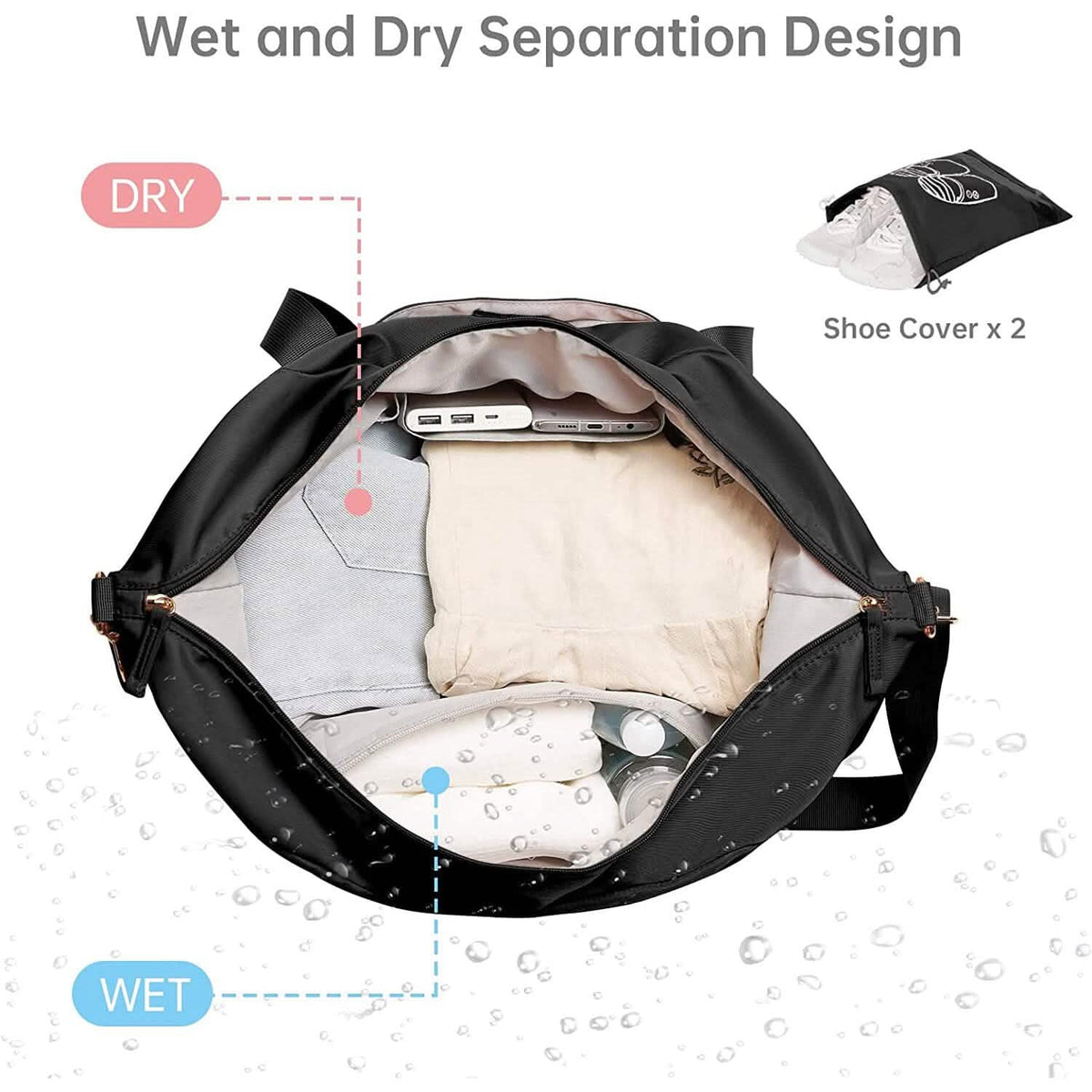 Black duffel bag open view with wet and dry separation interior