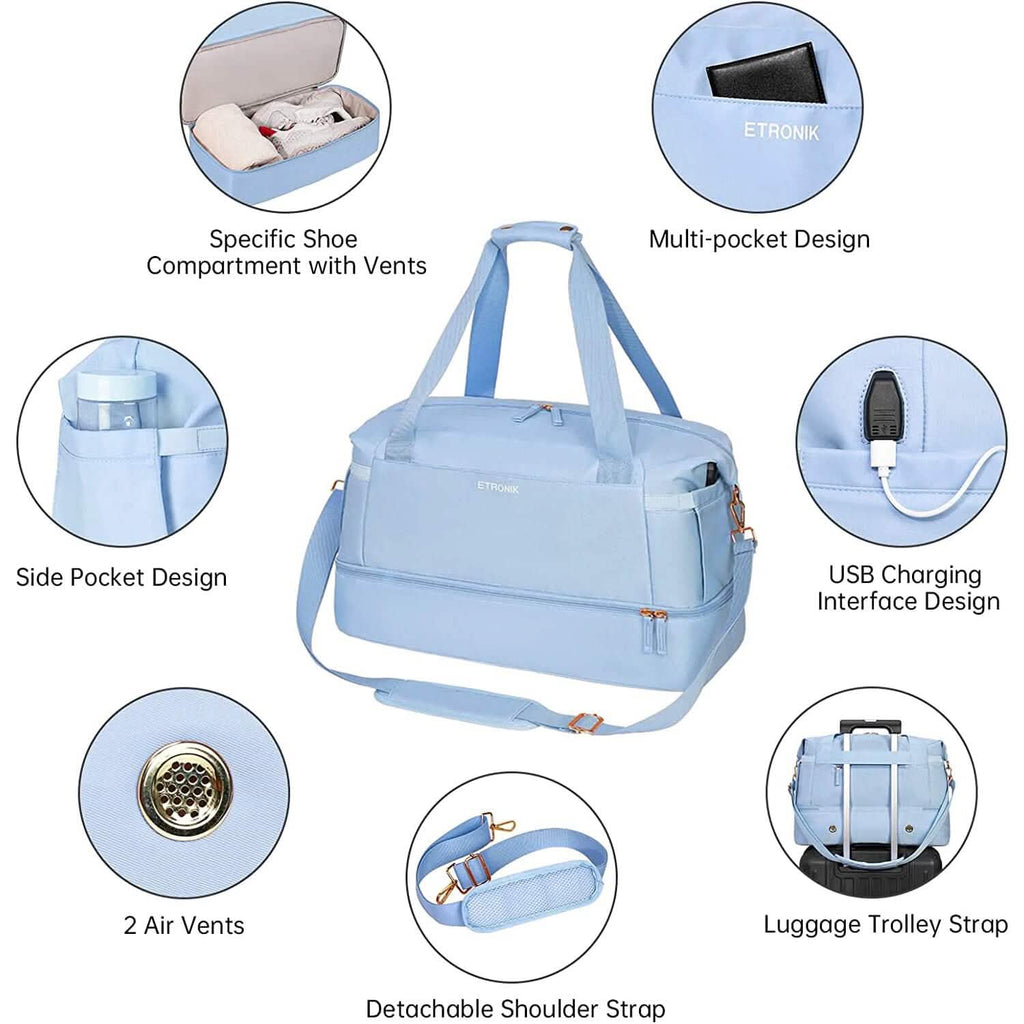 Light blue duffel bag with multi-pocket design, side pocket, and USB charging interface