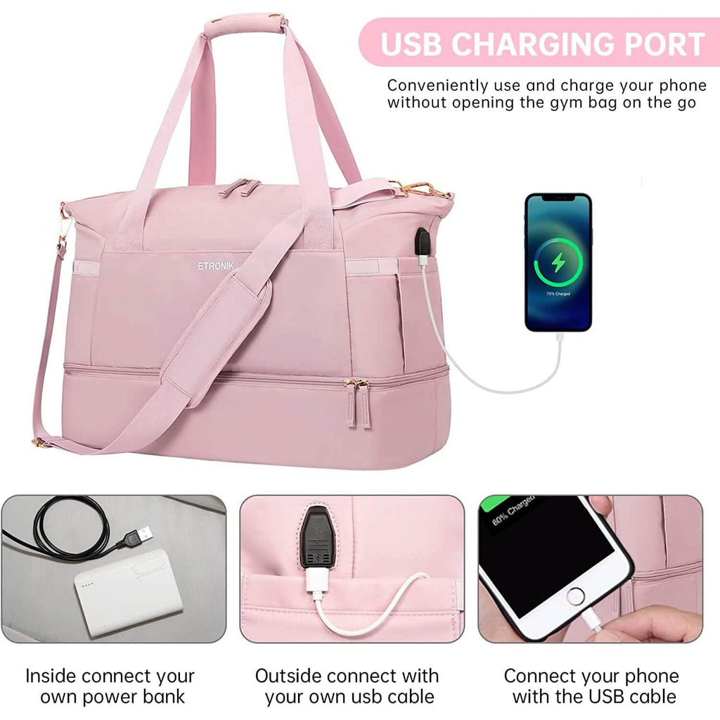 Pink gym duffel bag with USB charging port and phone charging display