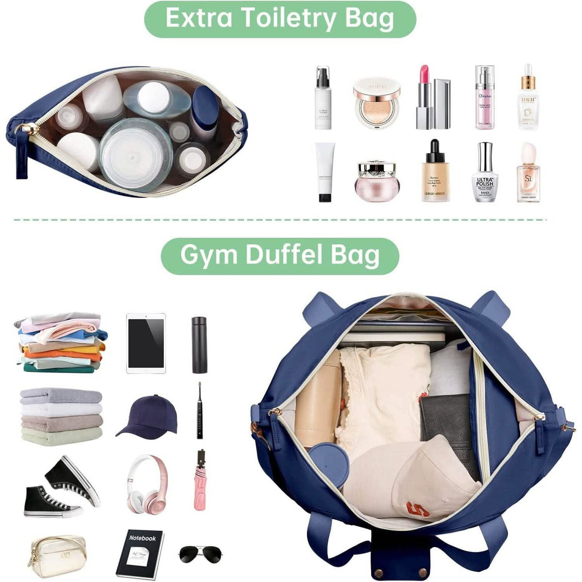 Sports travel duffel bag with extra toiletry organizer; interior compartment view