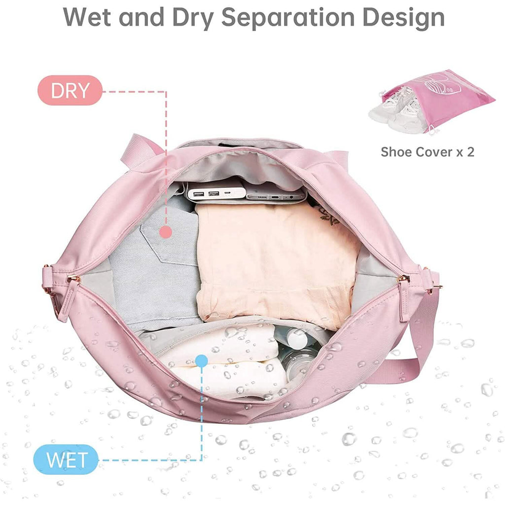 Pink sports travel duffel bag with wet-and-dry separation design and open interior
