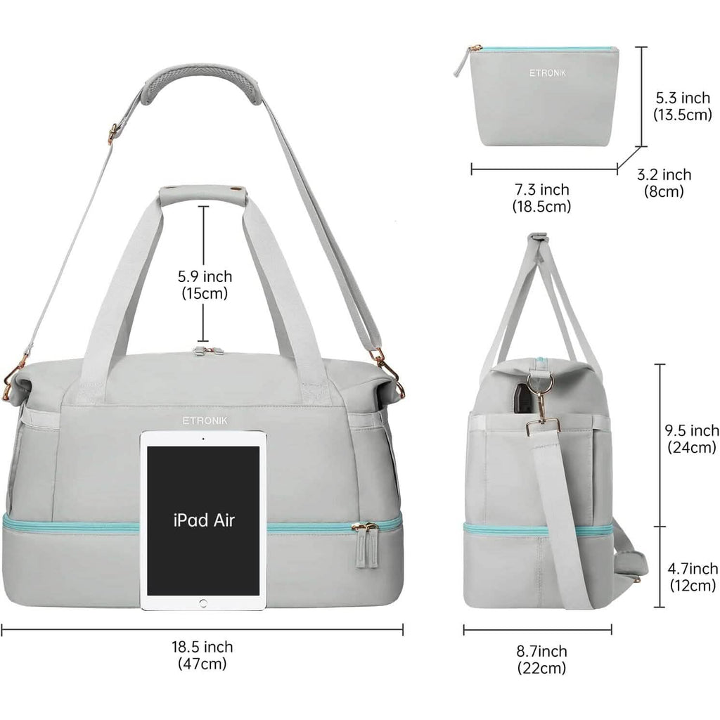 Gray travel duffel bag with detachable shoulder strap, shown with size measurements
