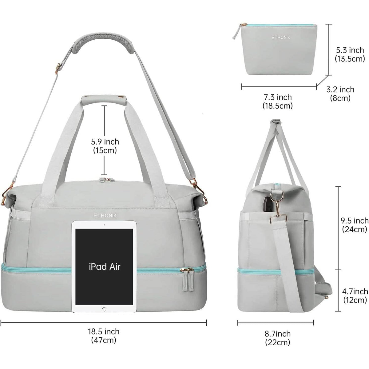 Gray travel duffel bag with detachable shoulder strap, shown with size measurements