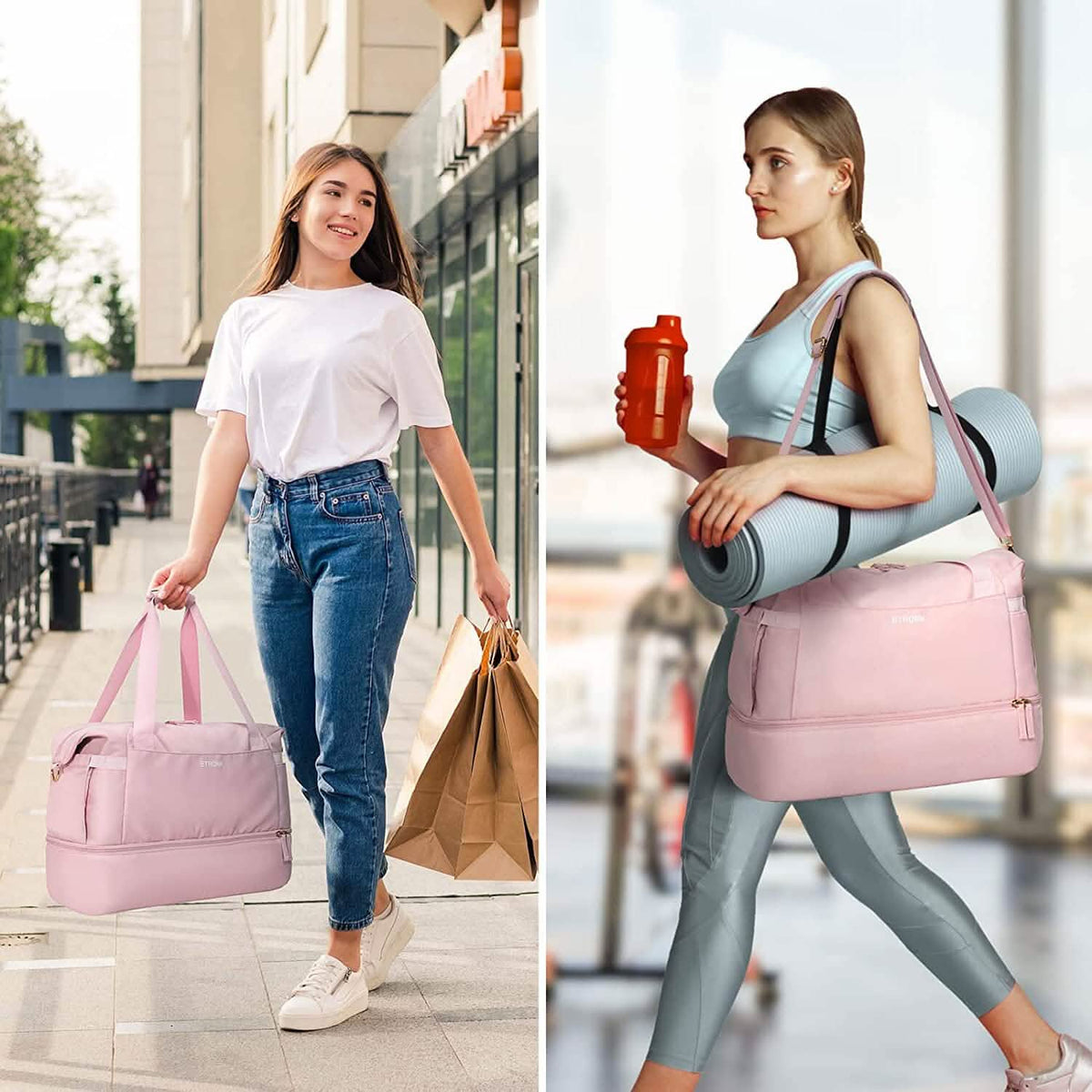 Pink sports duffel bag with zip top and dual carry handles