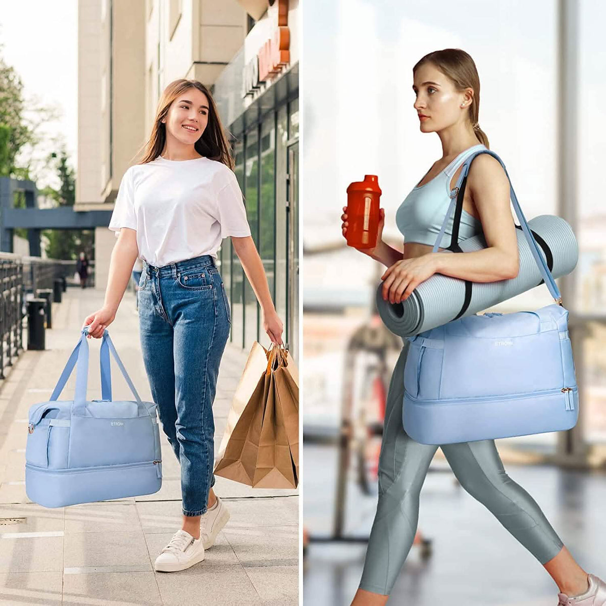 Light blue duffel bag worn on shoulder for travel with zip top closure