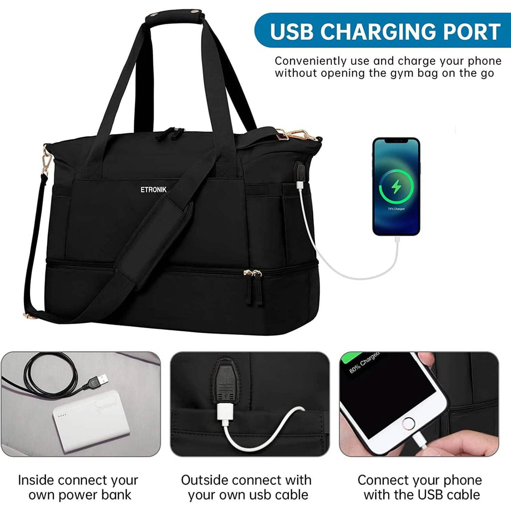 Black sports travel duffel bag with side pocket and USB charging port
