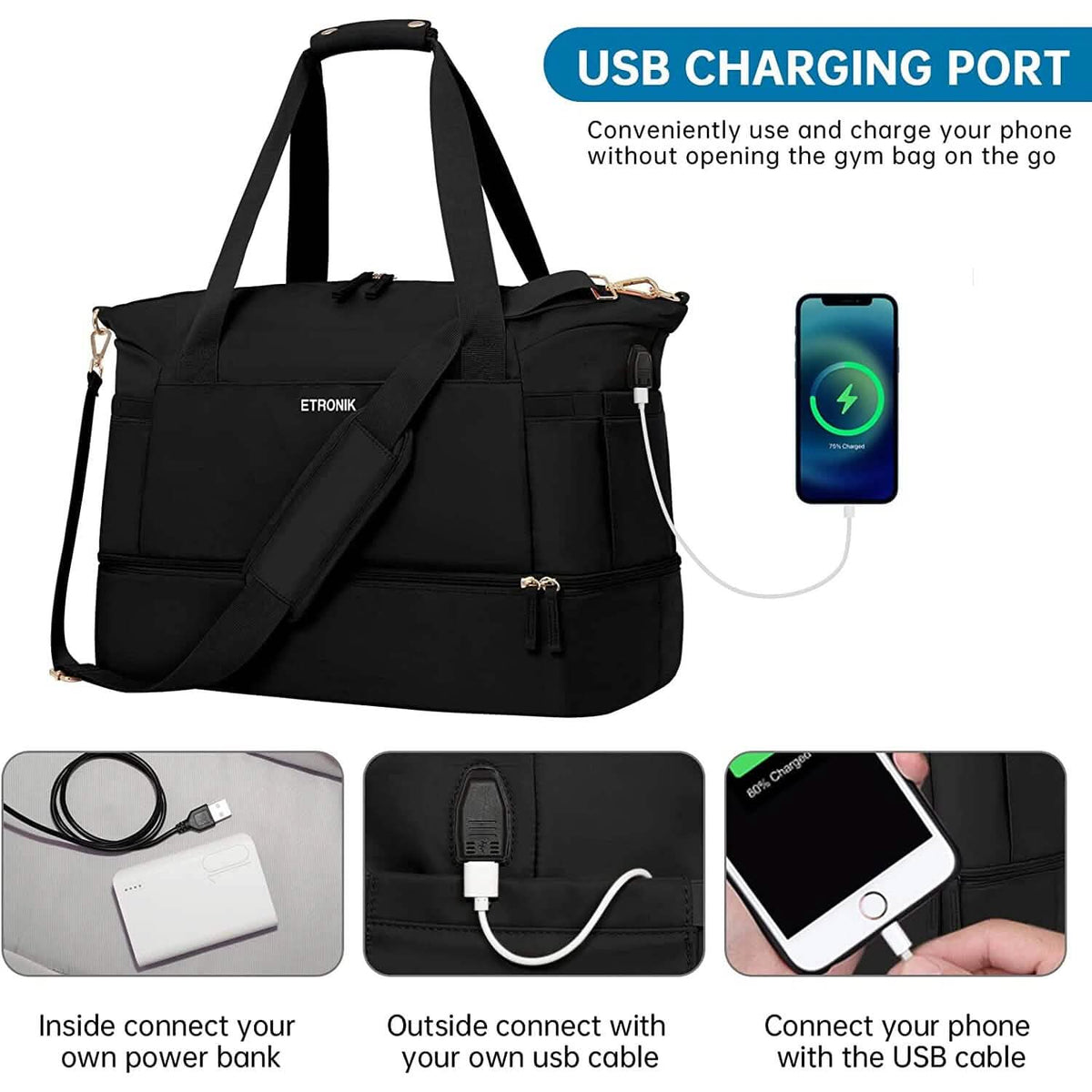 Black sports travel duffel bag with side pocket and USB charging port