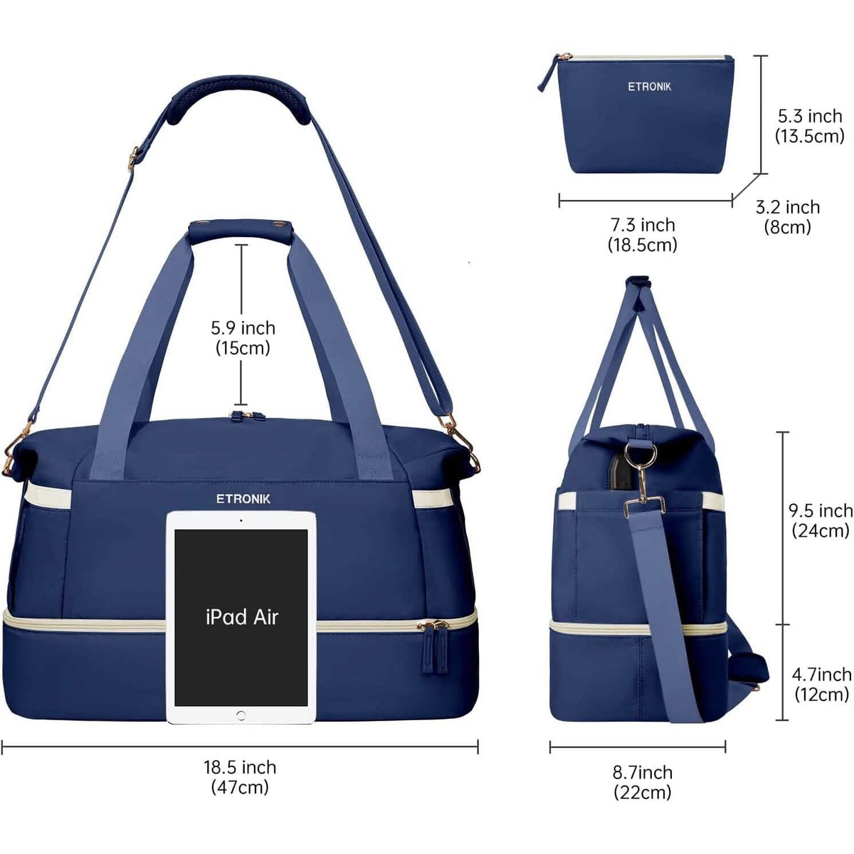 Dark blue sports duffel bag with front pocket, side pockets, and top handles; size view