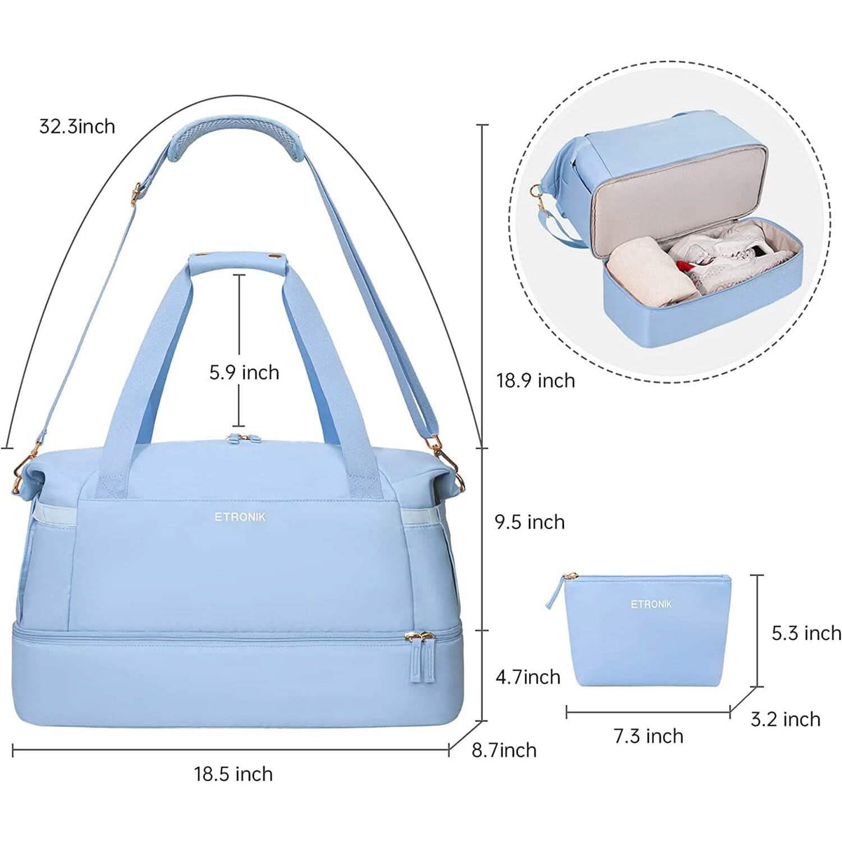 Light blue duffel bag size diagram with measurements and detachable storage pouch view