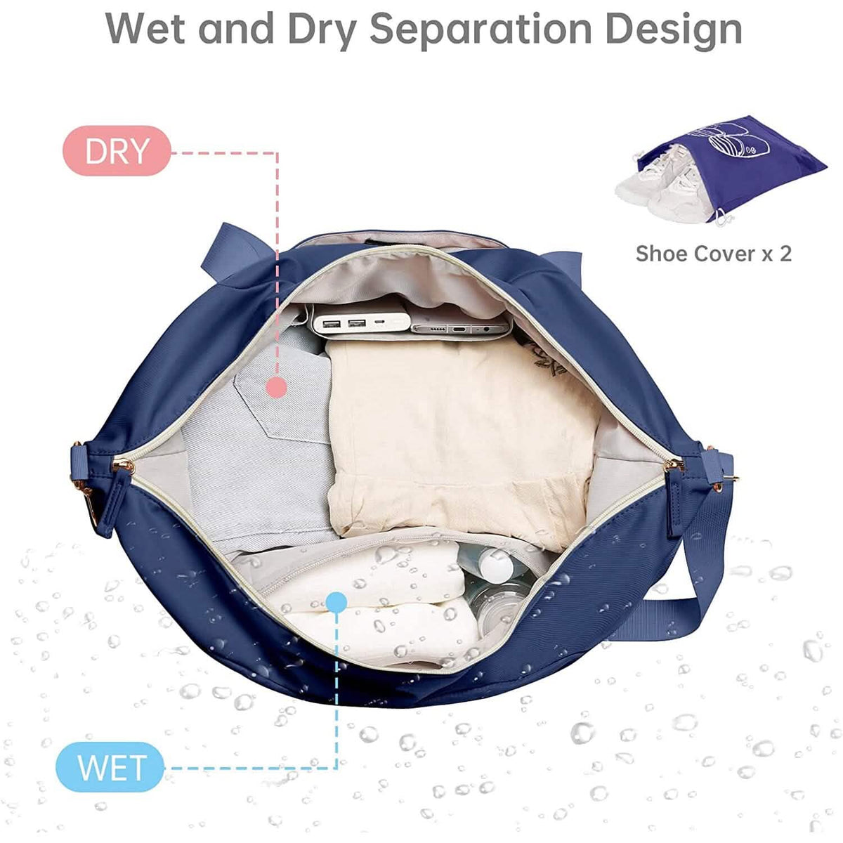 Sports travel duffel bag with separate wet and dry compartments; open top interior view