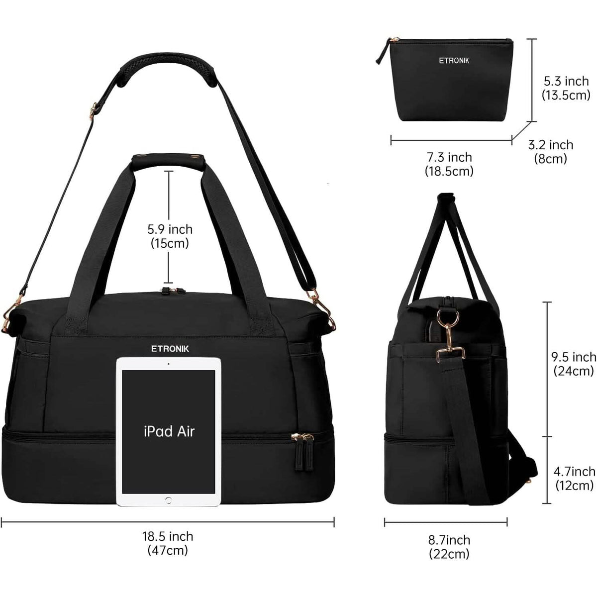 Black duffel bag with side pocket and matching zip pouch; front panel fits a tablet