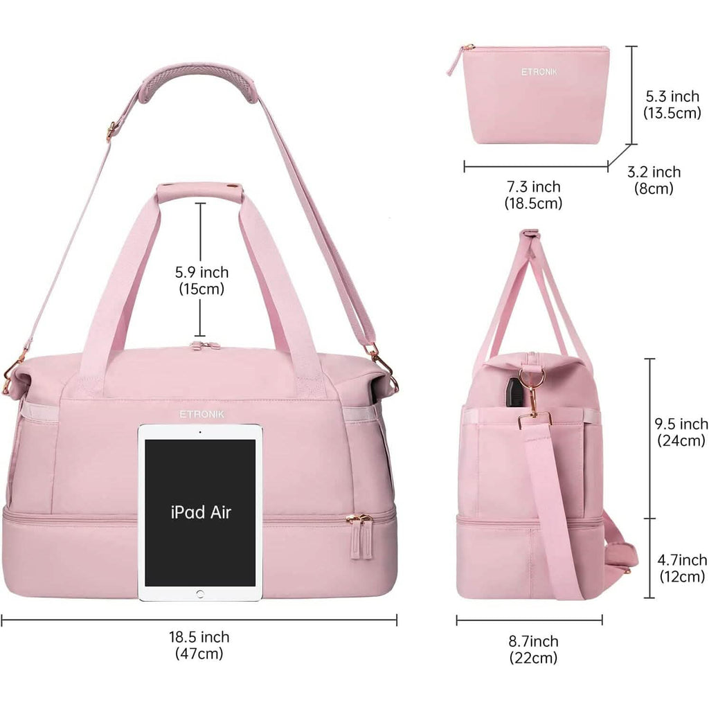 Pink travel duffel bag with size measurements, side handles and detachable shoulder strap