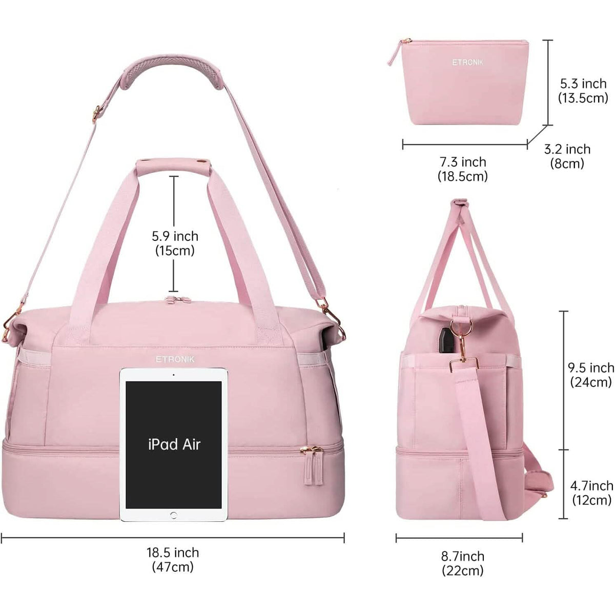 Pink travel duffel bag with size measurements, side handles and detachable shoulder strap