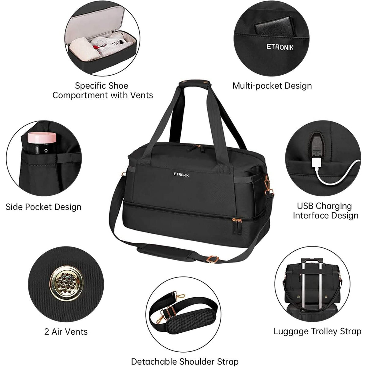 Black duffel bag with USB charging interface, side pocket, and multi-compartment design