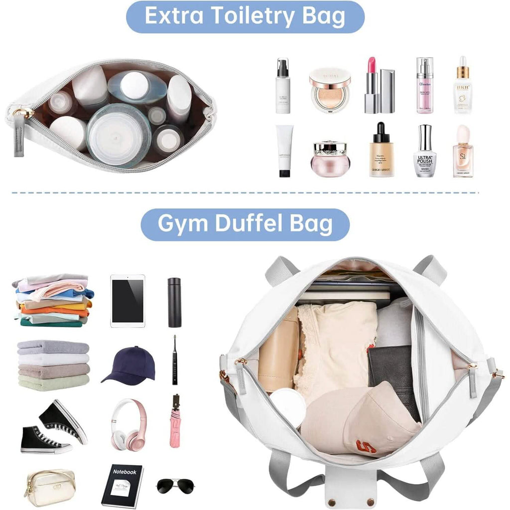 White duffel bag open to show roomy interior compartments and zipper pockets