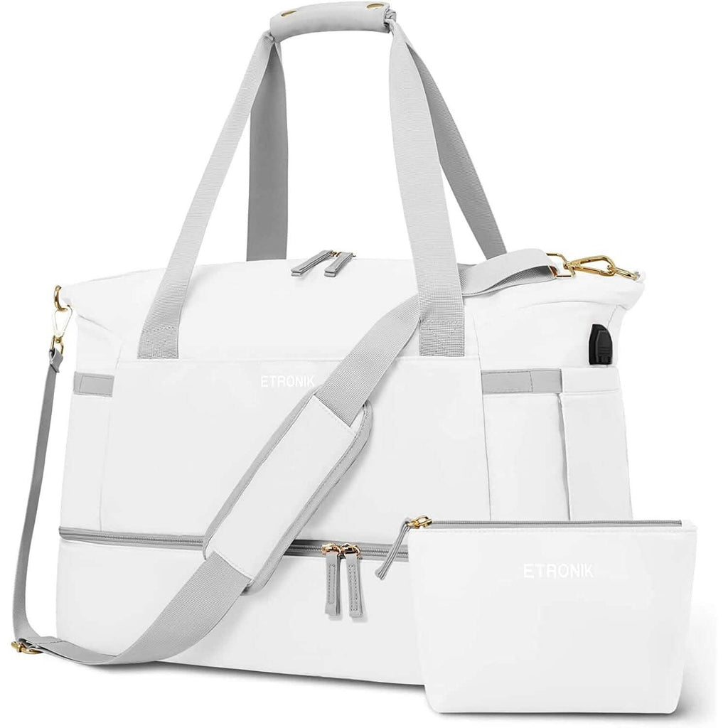 White sports duffel bag with gray shoulder straps, front zipper pocket, and gold-tone accents