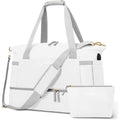 White sports duffel bag with gray shoulder straps, front zipper pocket, and gold-tone accents