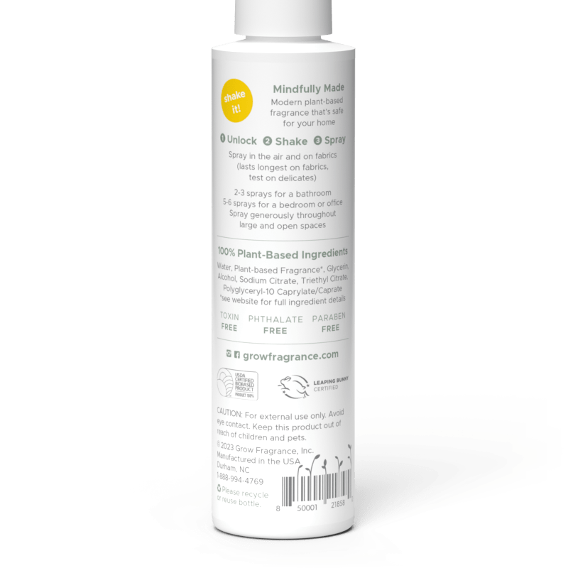Back label view of Woodland sage air + fabric spray bottle