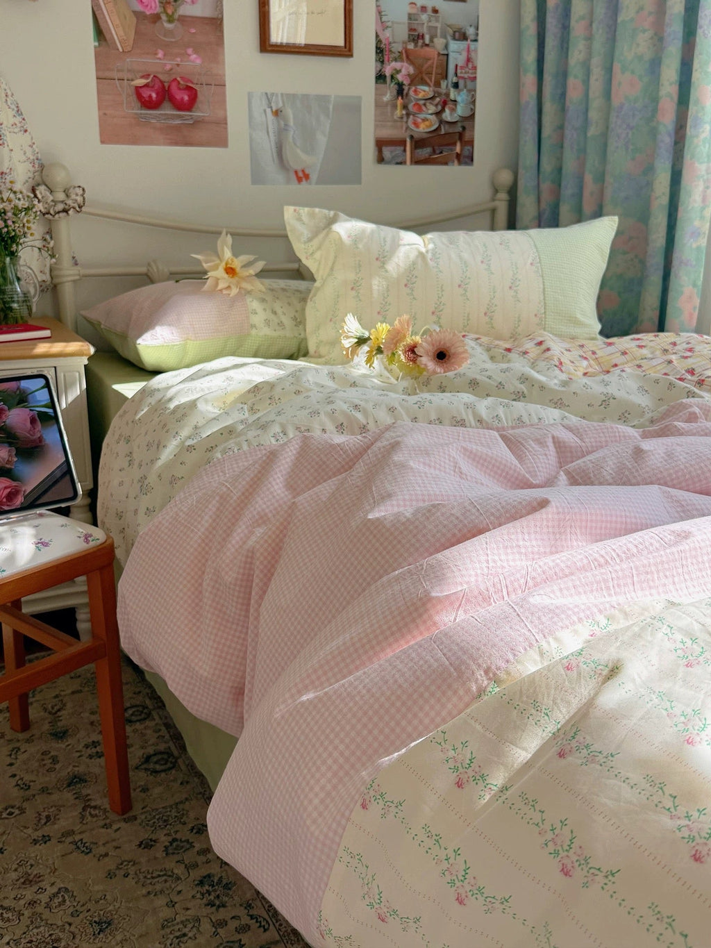 Spring green floral duvet cover set with pink gingham and matching pillowcases