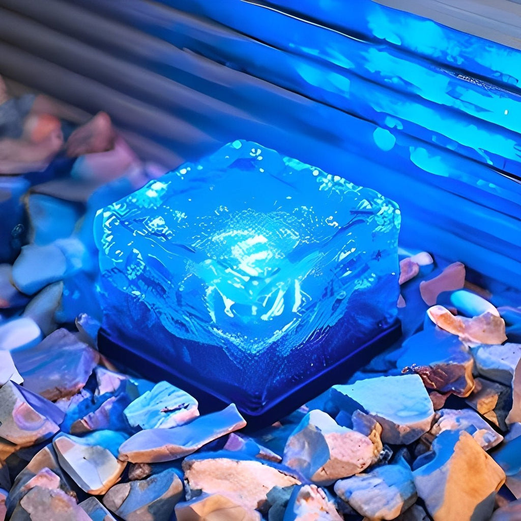Solar LED ice brick light glowing blue in a square translucent brick, on rocks