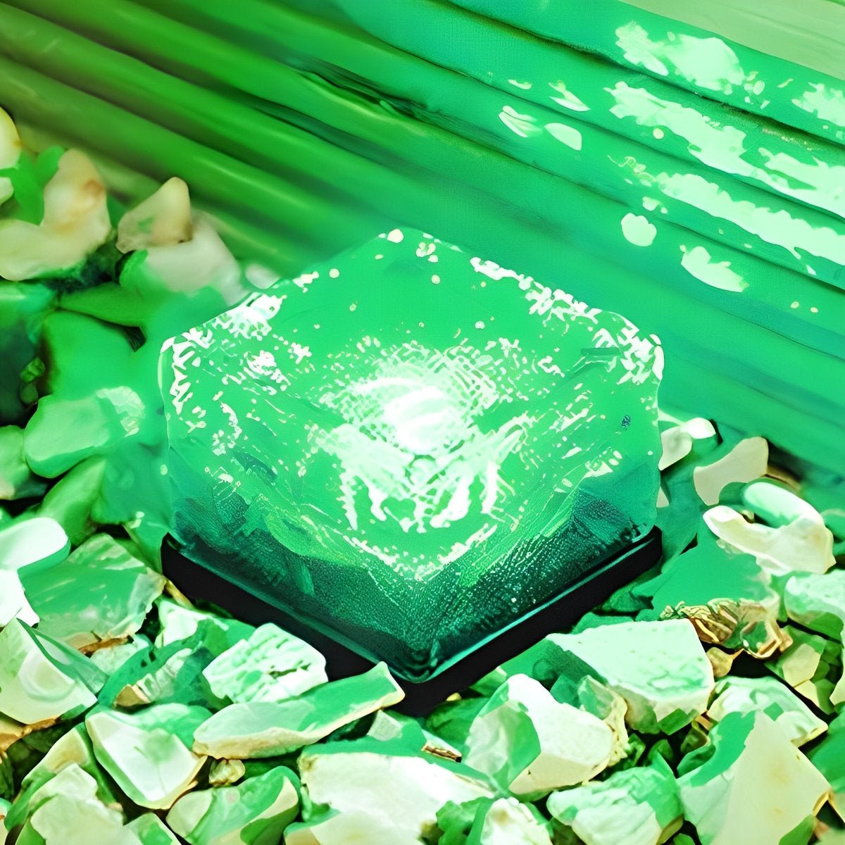 Solar LED ice brick light with bright green glow, square crystal-like surface