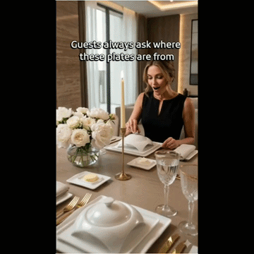 Square porcelain dinnerware set on table: square plates and cups