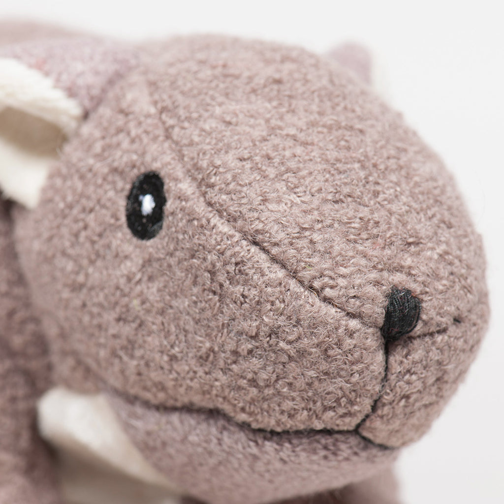 Close-up of plush squirrel head with black stitched eyes and cream muzzle