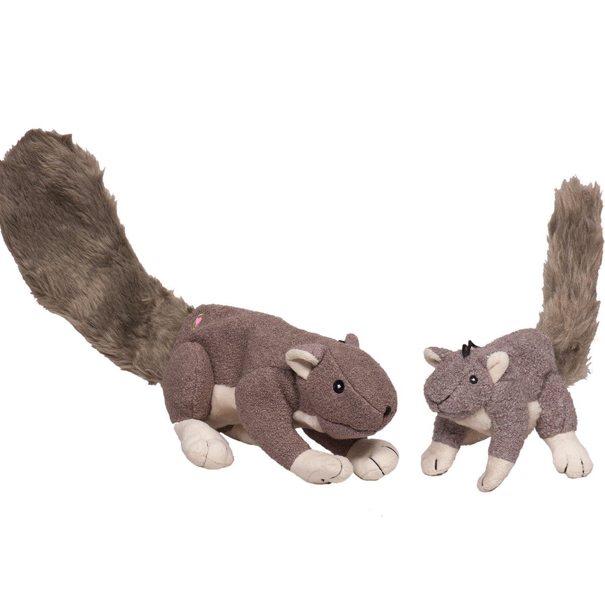 Squirrel plush dog toy with gray-brown body, long tail, and white paws