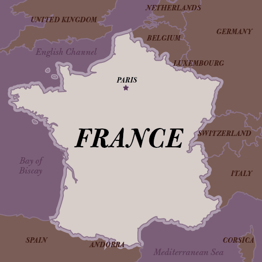 France map graphic with labeled regions and country name