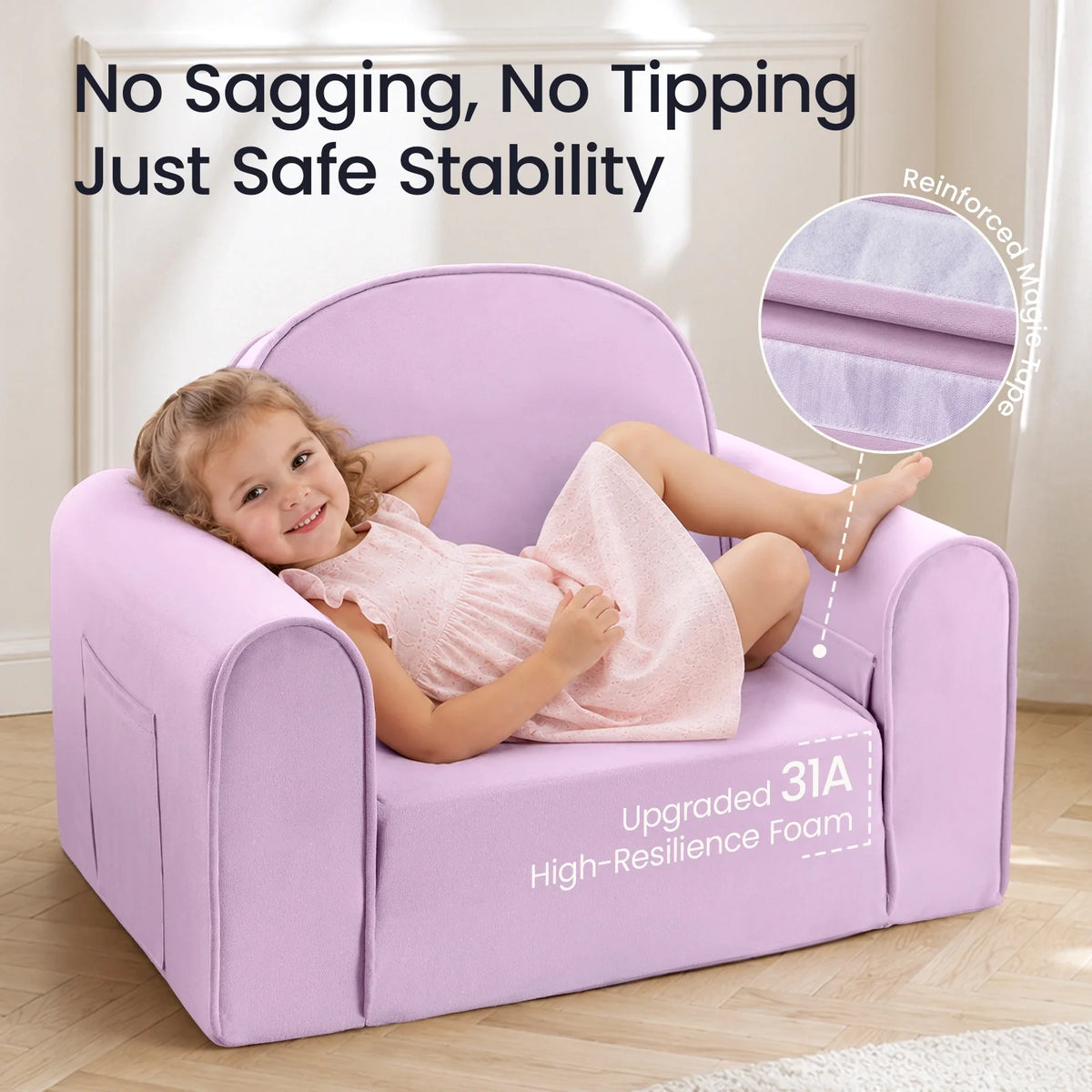 Light purple kids sofa chair with rounded arms and backrest, child lying on seat
